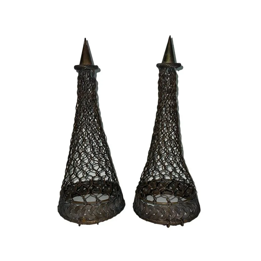 A Pair of Vintage Woven French Brass Wire Topiary/Wall Pockets Hanging Vase